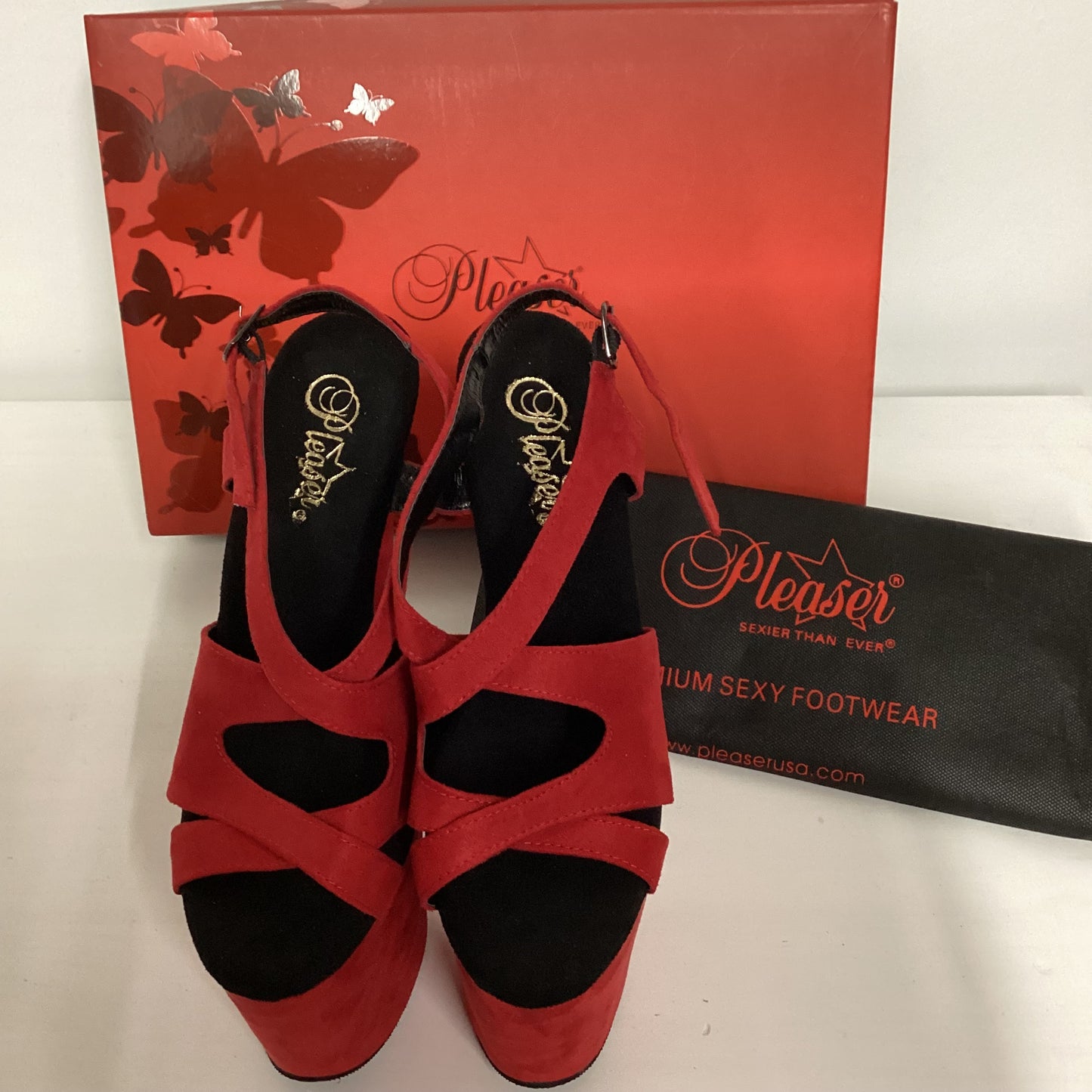 BNIB Pleaser Red Faux Suede Super High Heels Size UK7