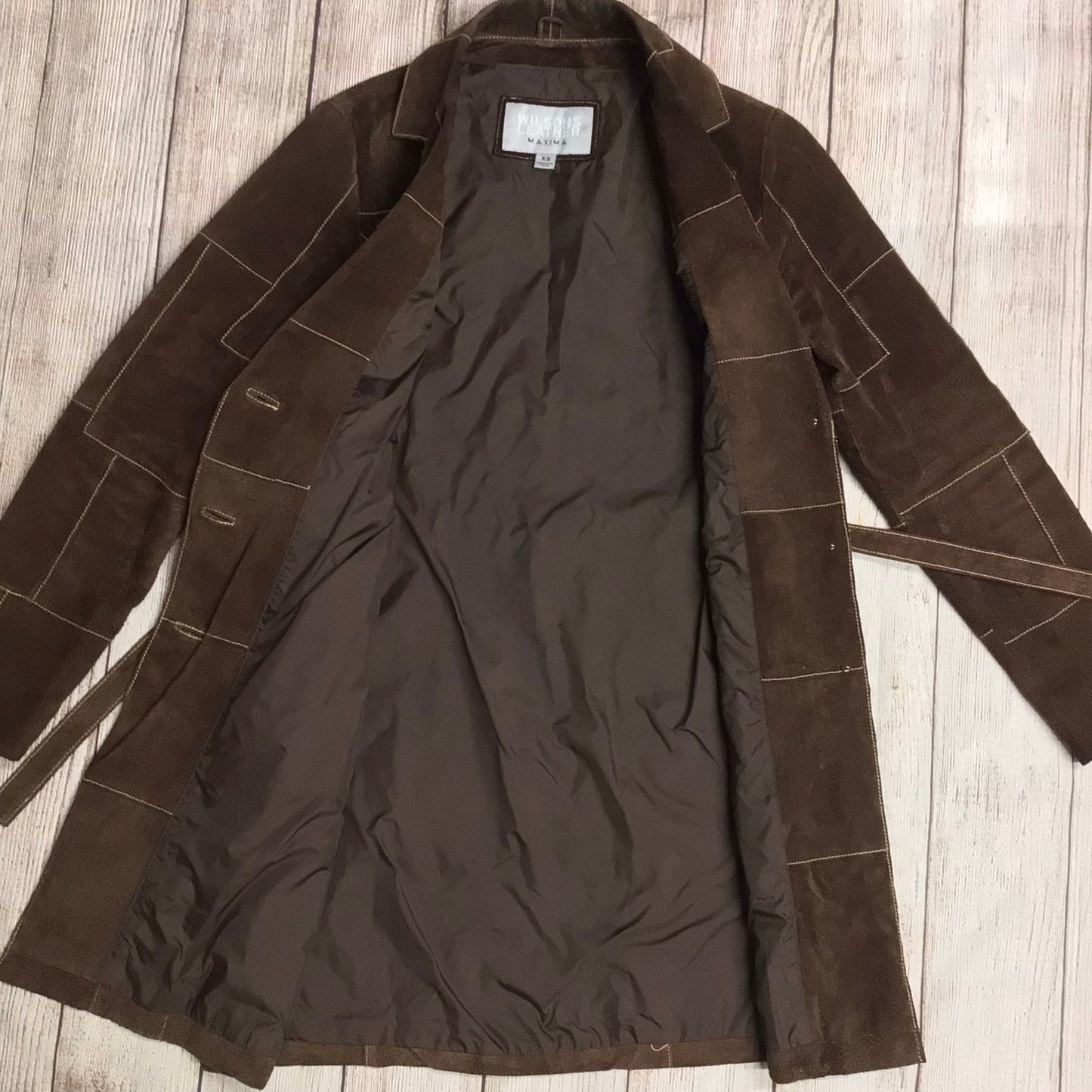 Wilson's Leather Maxima Brown Suede Patch Trench Coat w/Belt Size XS