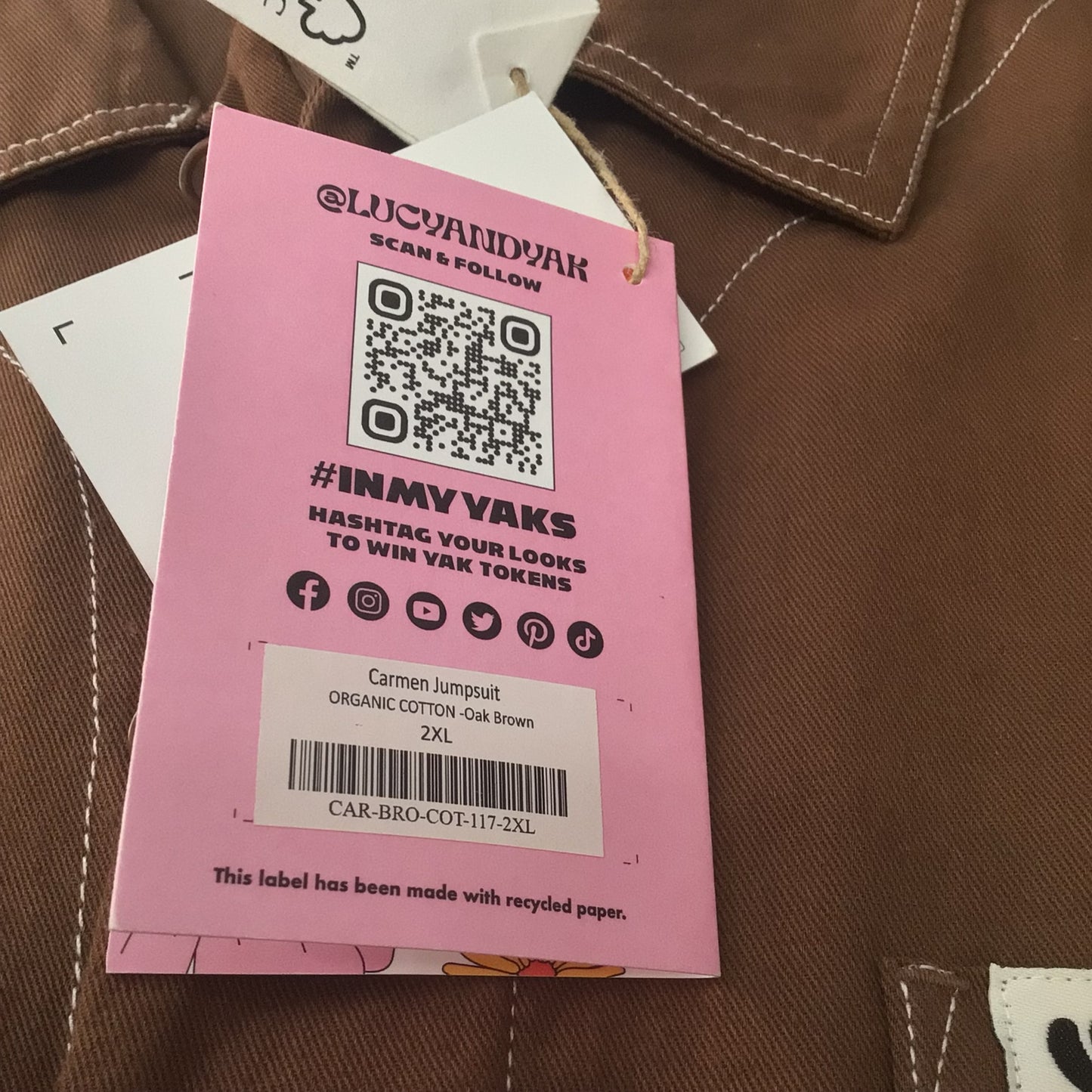 BNWT Lucy & Yak Oak Brown Organic Cotton Carmen Jumpsuit Size 2XL