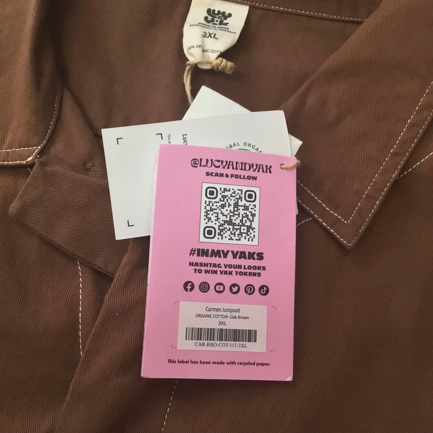 BNWT Lucy & Yak Oak Brown Organic Cotton Carmen Jumpsuit Size 3XL