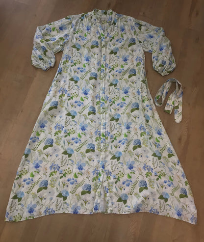 Palm Noosa Blue Floral Button Up Linen Noddy Dress w/Pockets Size 14