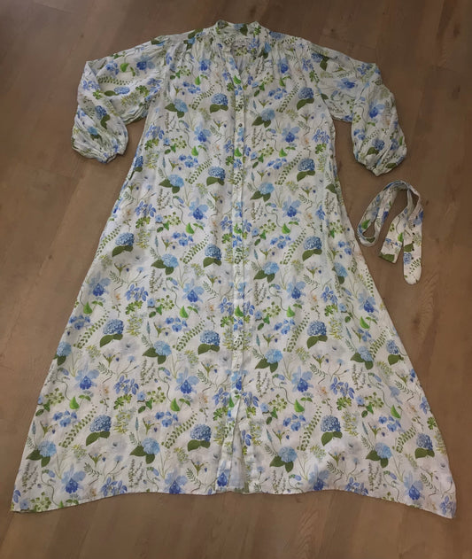 Palm Noosa Blue Floral Button Up Linen Noddy Dress w/Pockets Size 14