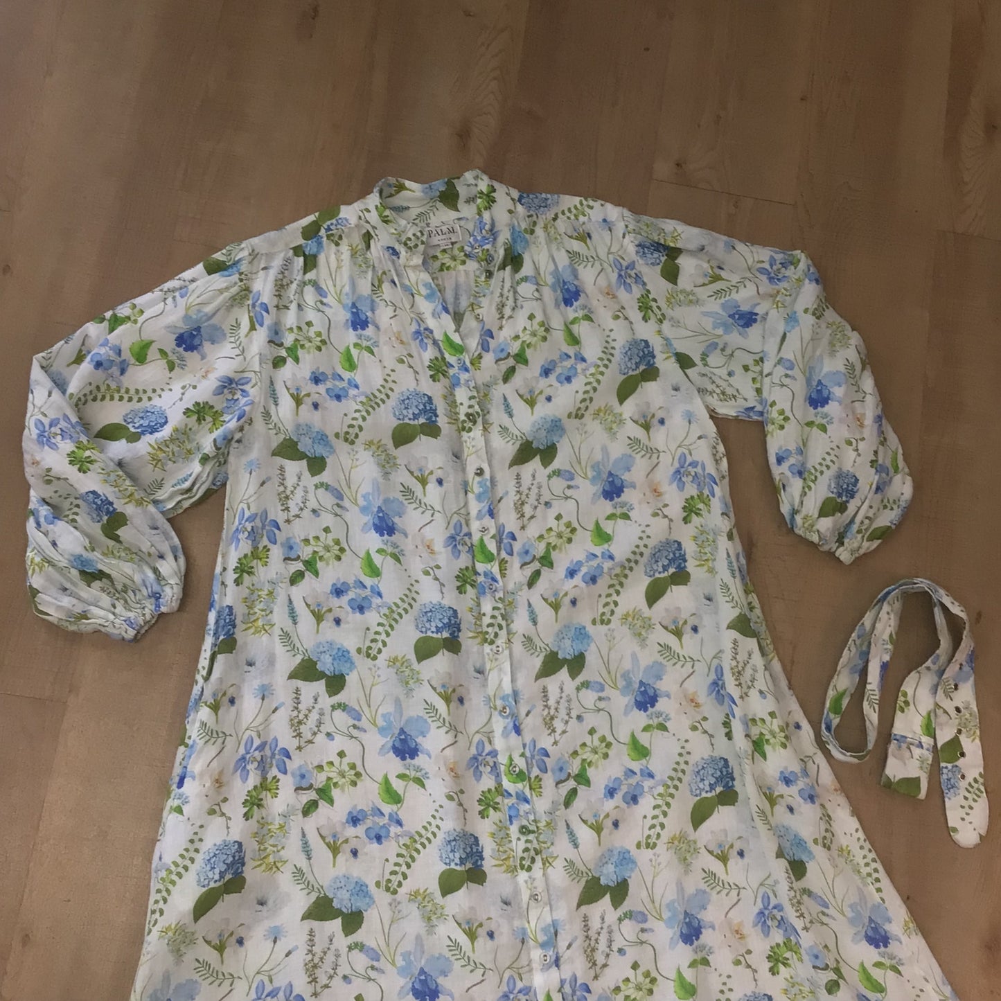 Palm Noosa Blue Floral Button Up Linen Noddy Dress w/Pockets Size 14