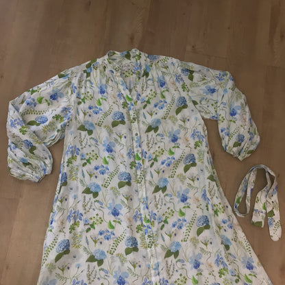 Palm Noosa Blue Floral Button Up Linen Noddy Dress w/Pockets Size 14