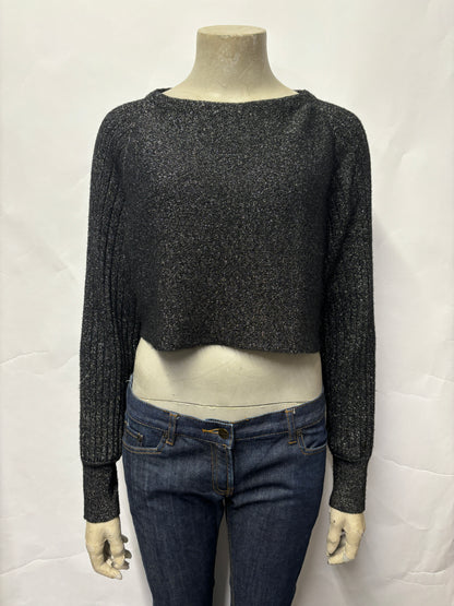 All Saints Black Glitter Cropped Ribbed Jumper Small