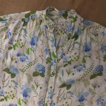 Palm Noosa Blue Floral Button Up Linen Noddy Dress w/Pockets Size 14