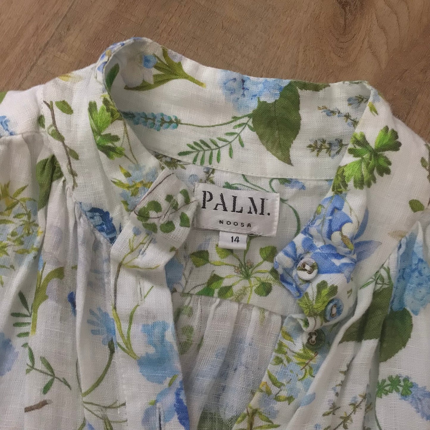 Palm Noosa Blue Floral Button Up Linen Noddy Dress w/Pockets Size 14