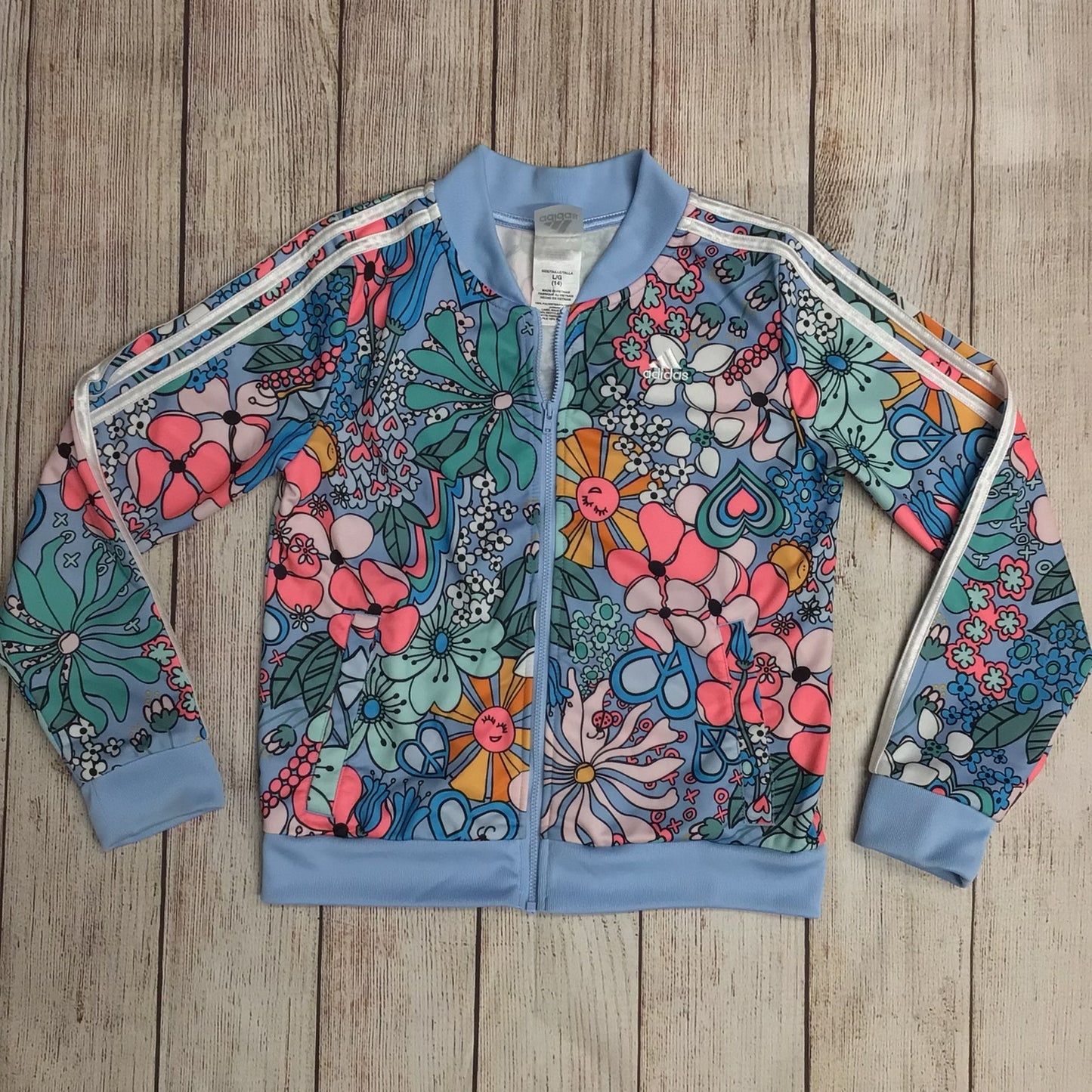 Adidas Blue Multi Floral & Sunshine Print Jacket Kids Size L (14yrs)