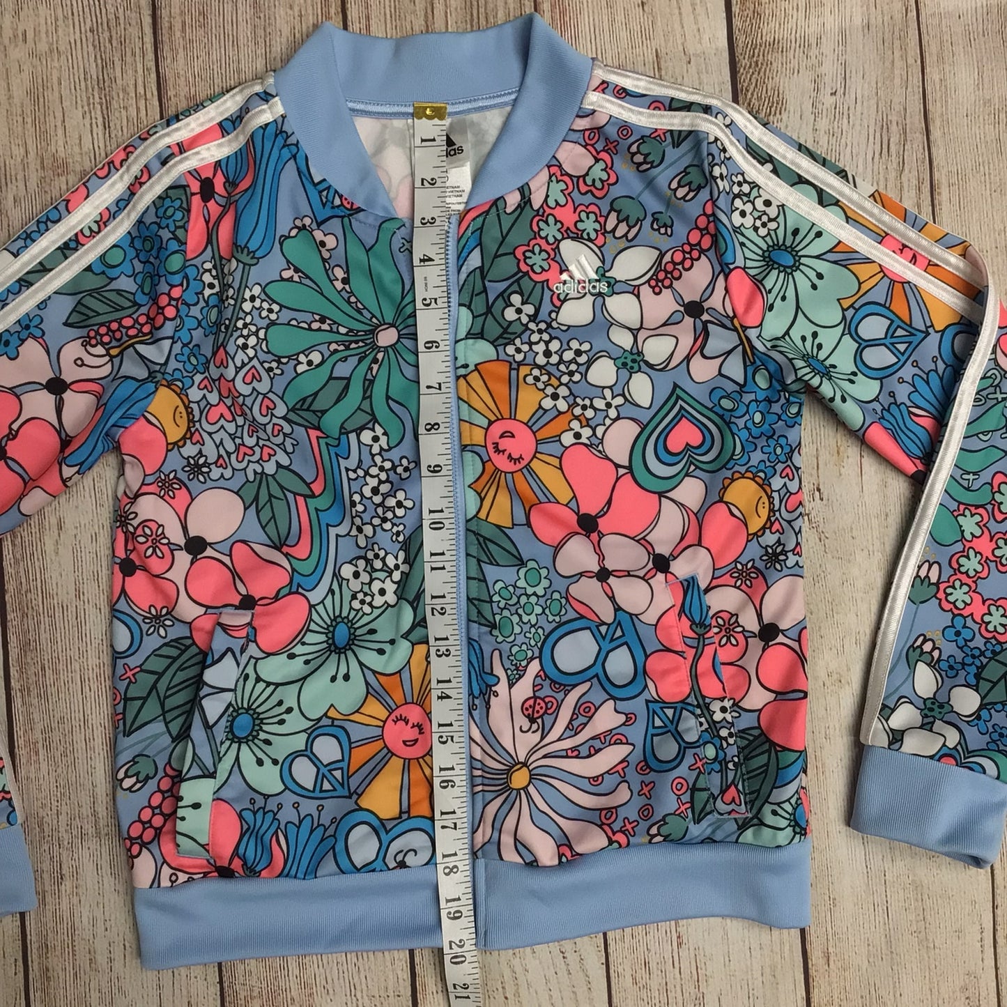 Adidas Blue Multi Floral & Sunshine Print Jacket Kids Size L (14yrs)