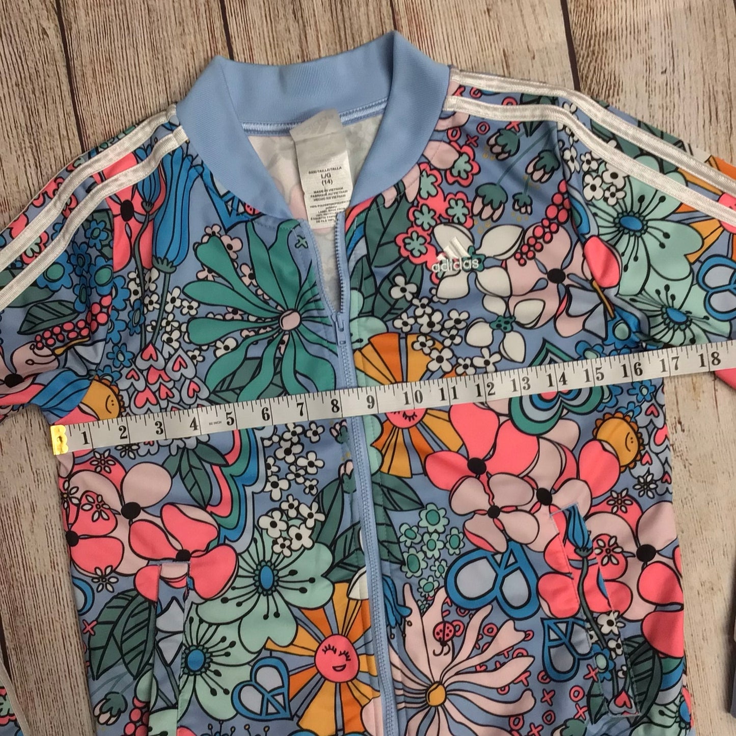 Adidas Blue Multi Floral & Sunshine Print Jacket Kids Size L (14yrs)