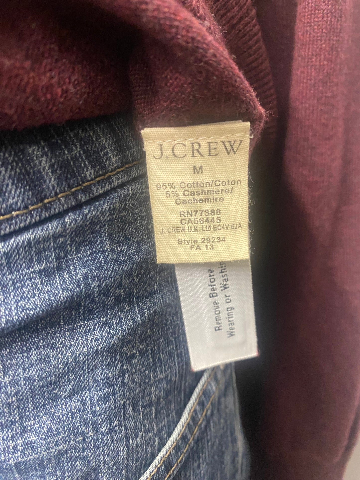 J Crew Burgundy Light Cotton and Cashmere Pull Over Medium BNWT