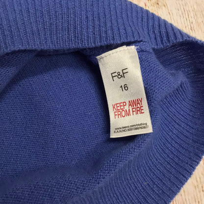 F&F Blue V Neck Jumper 100% Cashmere Size 16