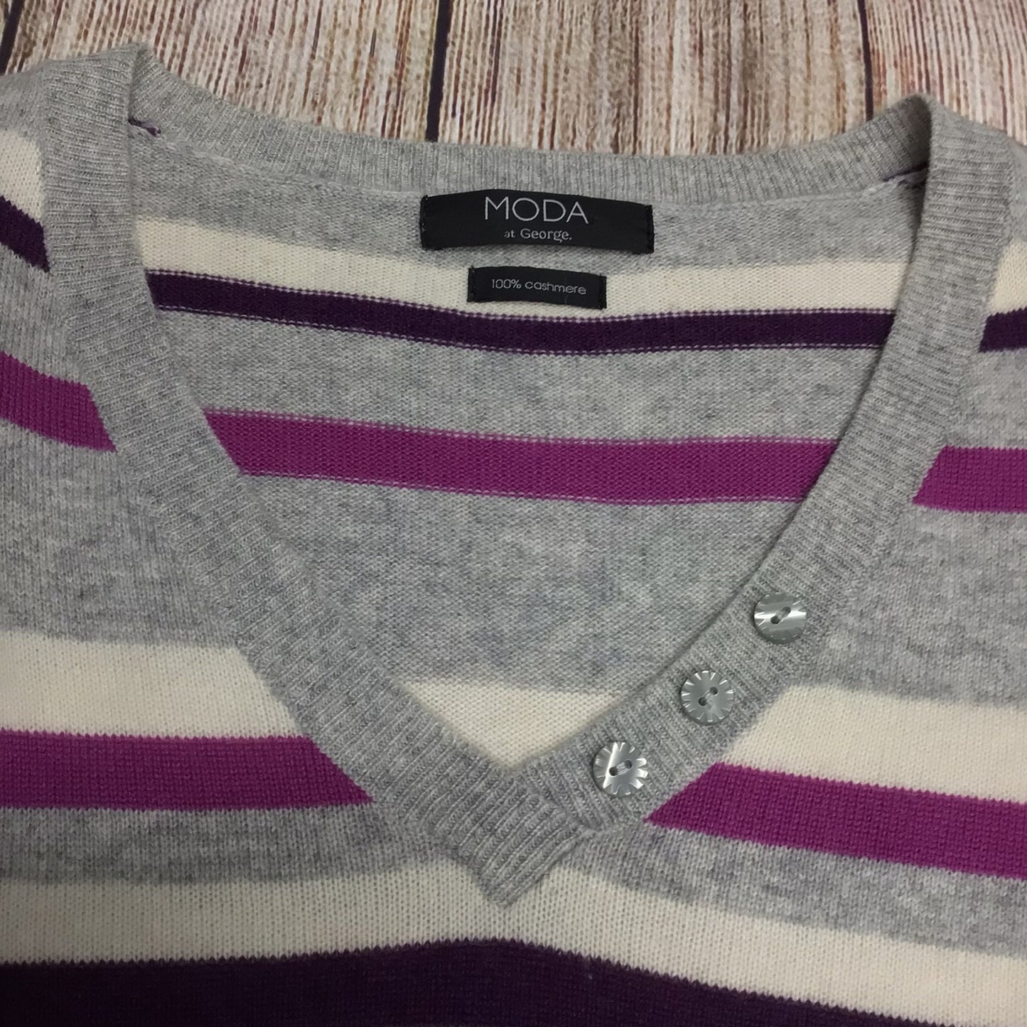 Moda at George Grey & Purple Multi Striped V Neck Jumper 100% Cashmere Size 16