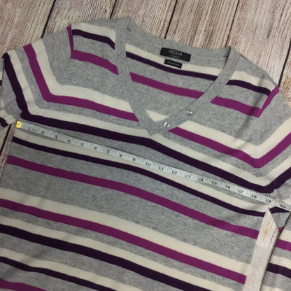 Moda at George Grey & Purple Multi Striped V Neck Jumper 100% Cashmere Size 16