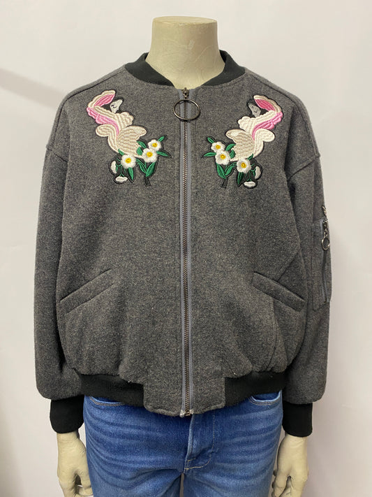 Xuan Su Grey Embroidered Bomber Jacket Small