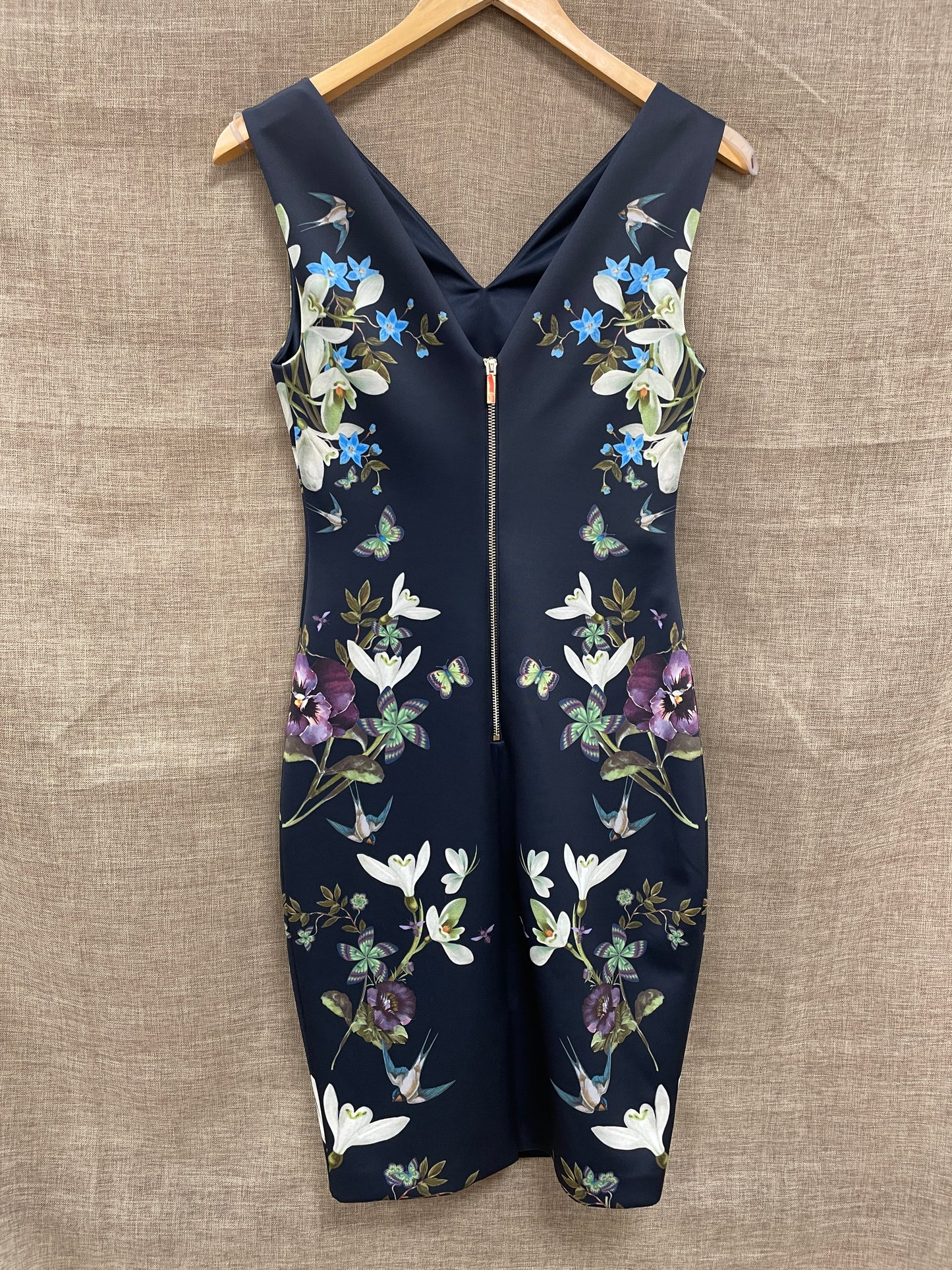 Ted Baker Navy Blue Floral Sleeveless Shift Dress Size 1 UK 8