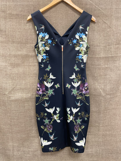 Ted Baker Navy Blue Floral Sleeveless Shift Dress Size 1 UK 8