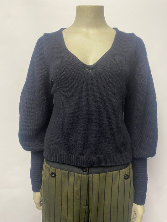 ba&sh Navy Blue V-Neck Cropped Knitted Jumper Small