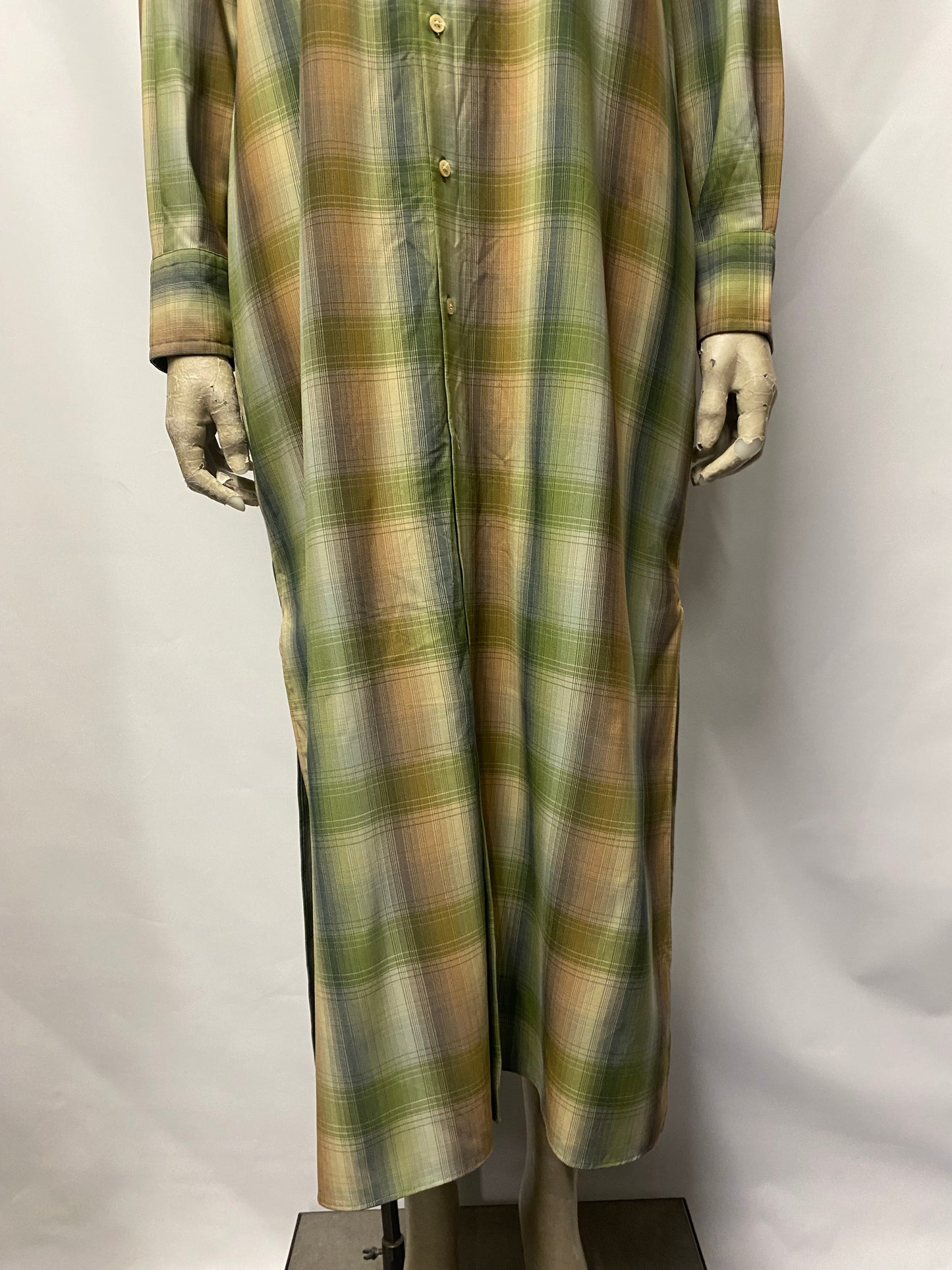 Auralee Green and Brown Chequered Shirt Midi Dress M/L