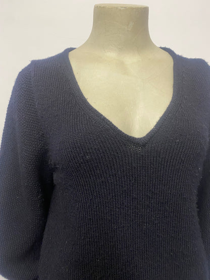 ba&sh Navy Blue V-Neck Cropped Knitted Jumper Small