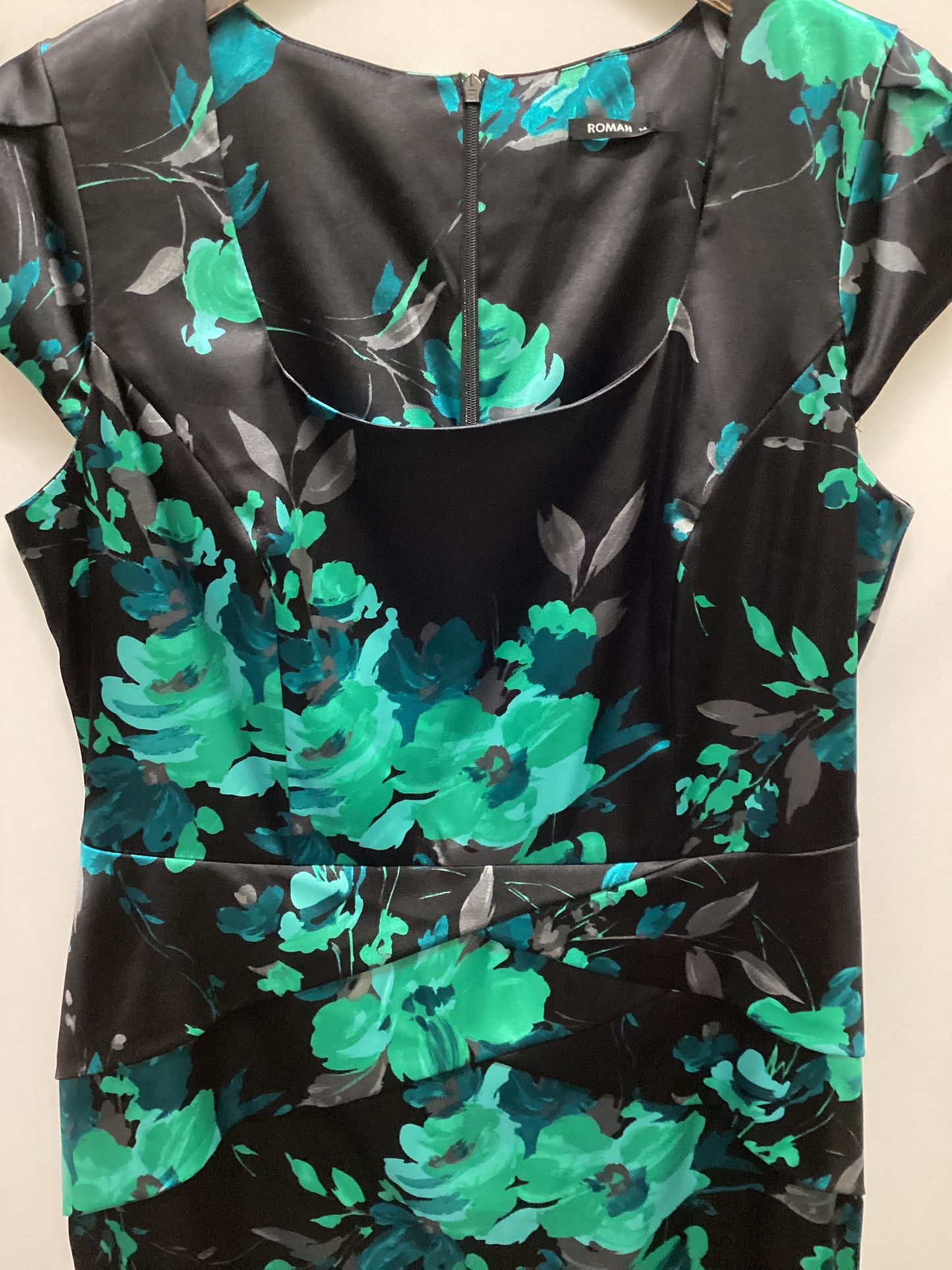 Roman Black Satin Dress with Green Florals Size 14