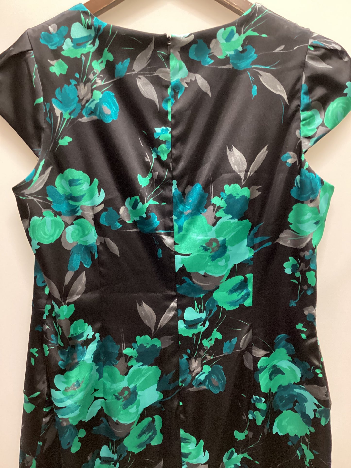 Roman Black Satin Dress with Green Florals Size 14