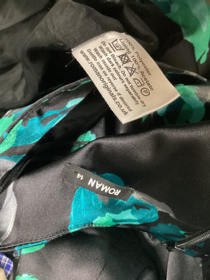 Roman Black Satin Dress with Green Florals Size 14