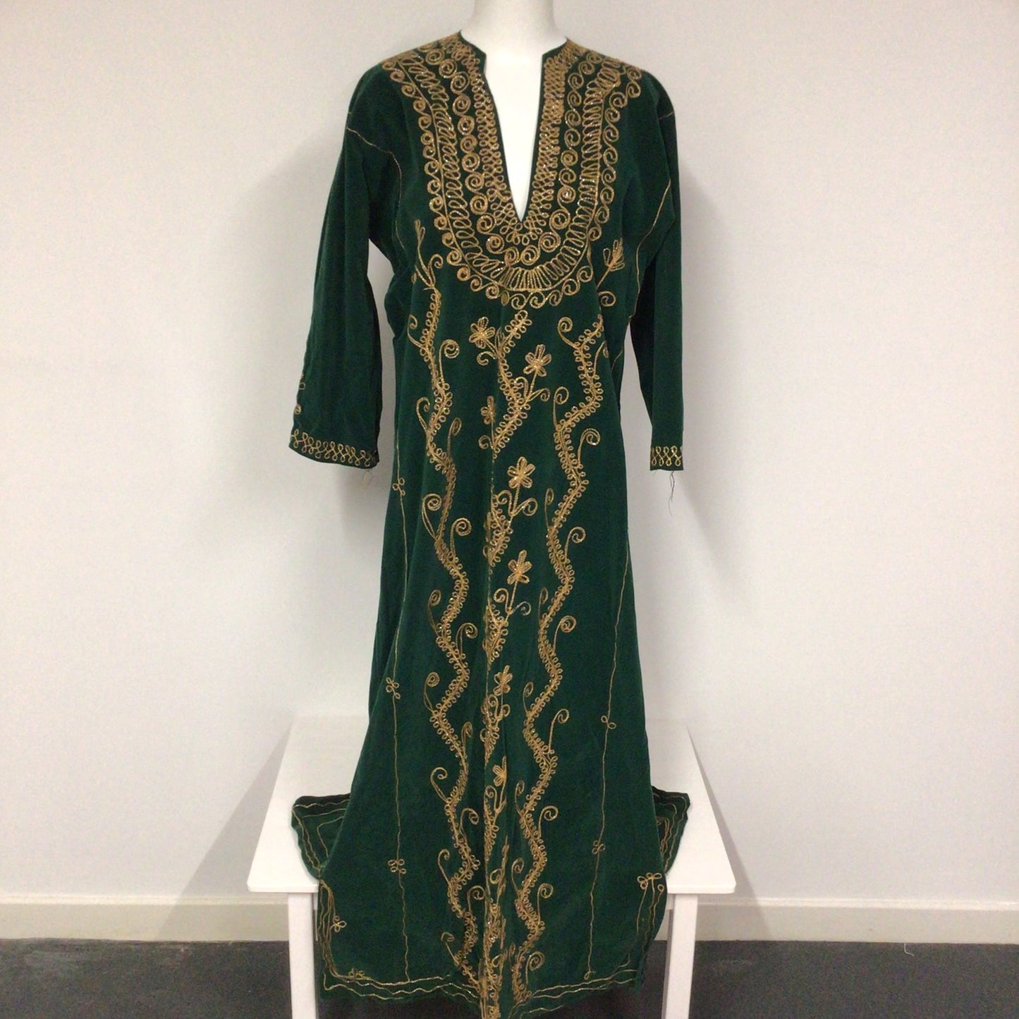 Green Velvet Full Length Indian Kaftan w/Gold Thread Embroidery Ch48" (approx.)