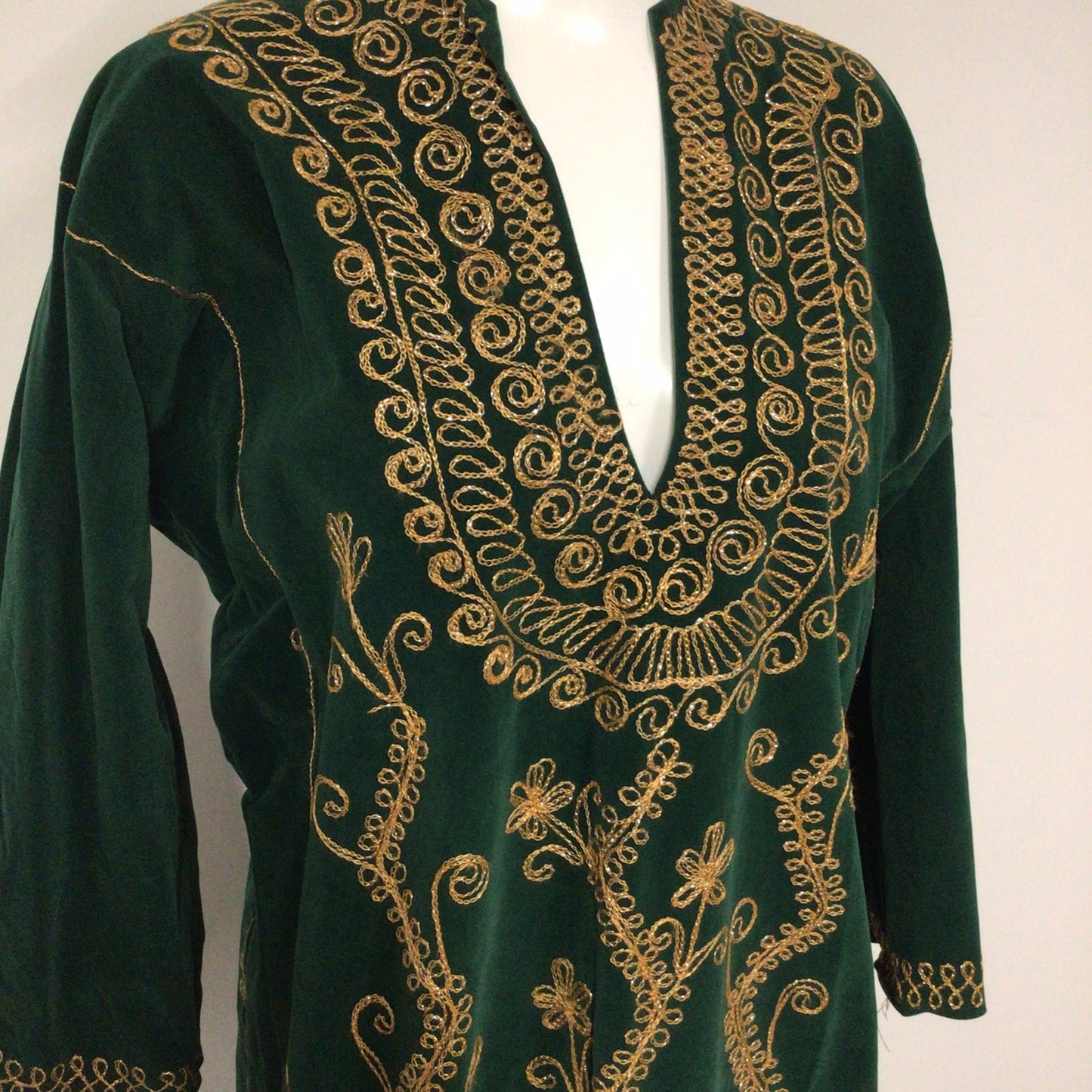 Green Velvet Full Length Indian Kaftan w/Gold Thread Embroidery Ch48" (approx.)