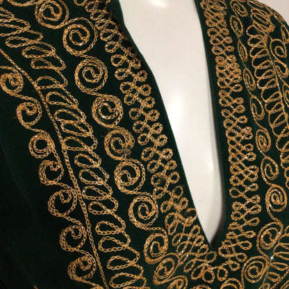 Green Velvet Full Length Indian Kaftan w/Gold Thread Embroidery Ch48" (approx.)