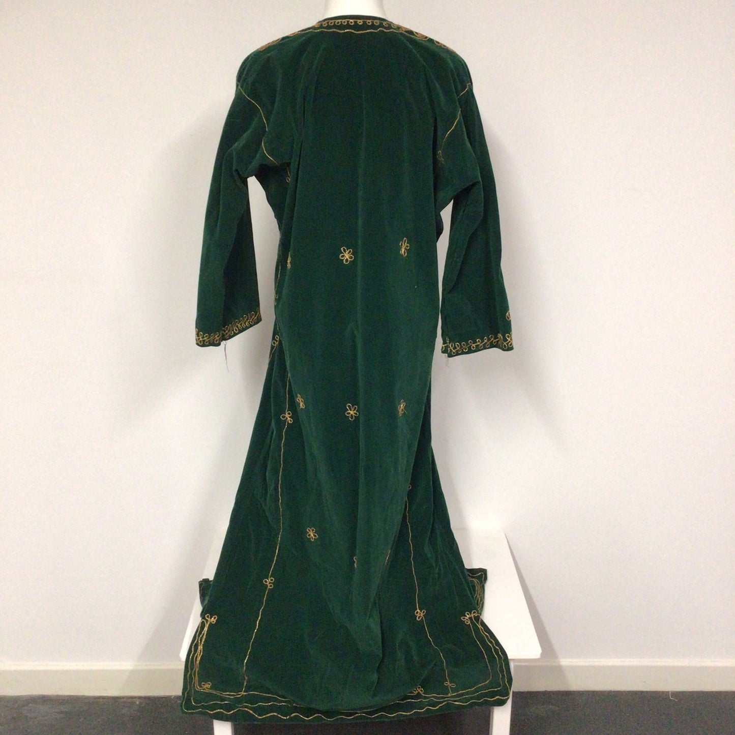 Green Velvet Full Length Indian Kaftan w/Gold Thread Embroidery Ch48" (approx.)