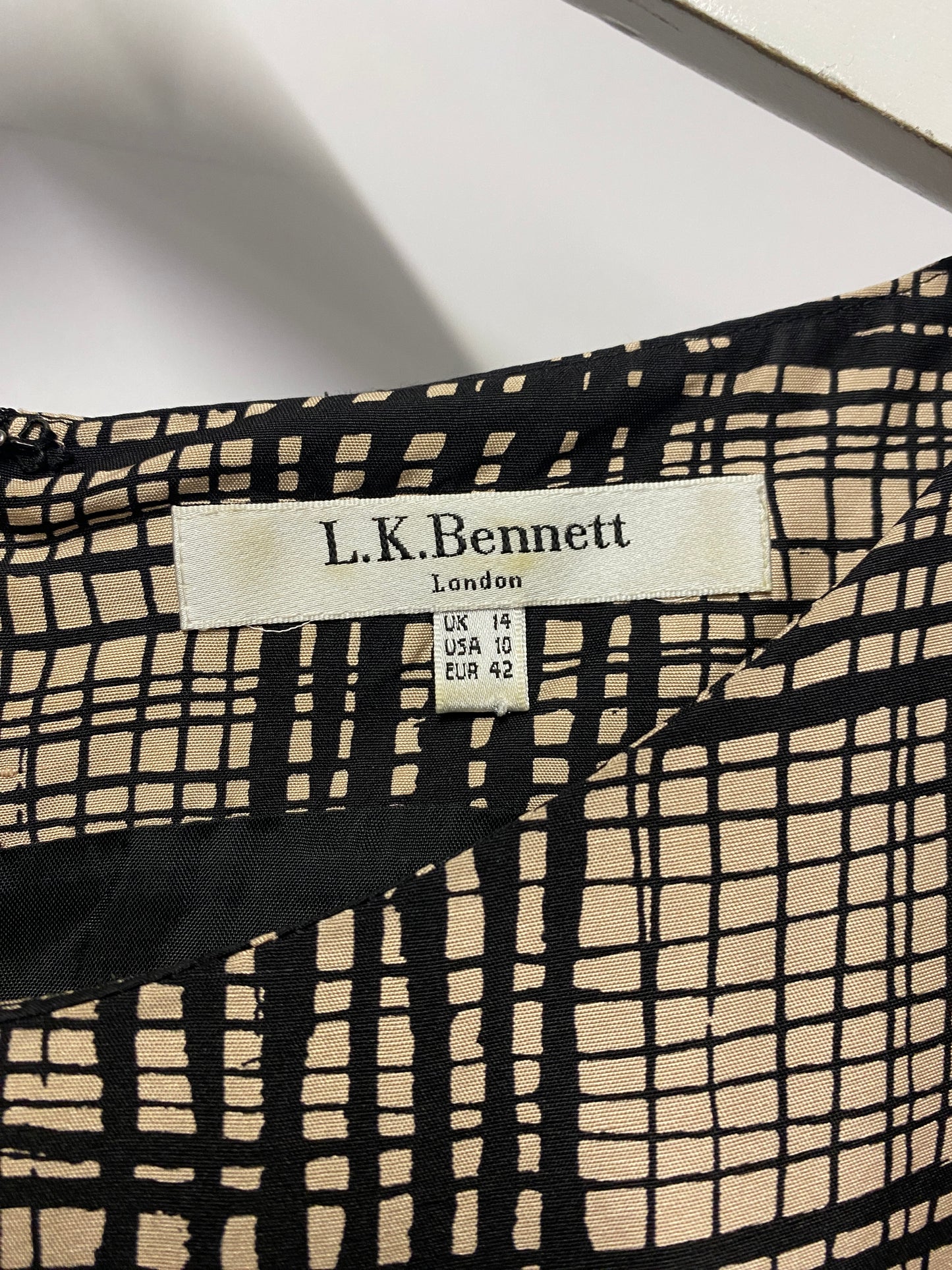 L.K. Bennett Nude and Black Patterned Sleeveless Silk Dress 14