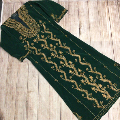 Green Velvet Full Length Indian Kaftan w/Gold Thread Embroidery Ch48" (approx.)