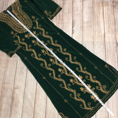 Green Velvet Full Length Indian Kaftan w/Gold Thread Embroidery Ch48" (approx.)