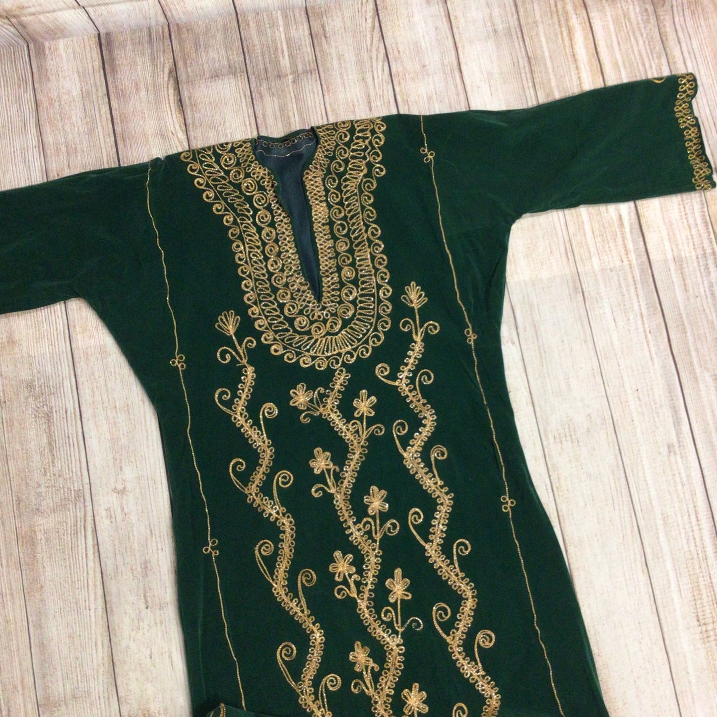 Green Velvet Full Length Indian Kaftan w/Gold Thread Embroidery Ch48" (approx.)