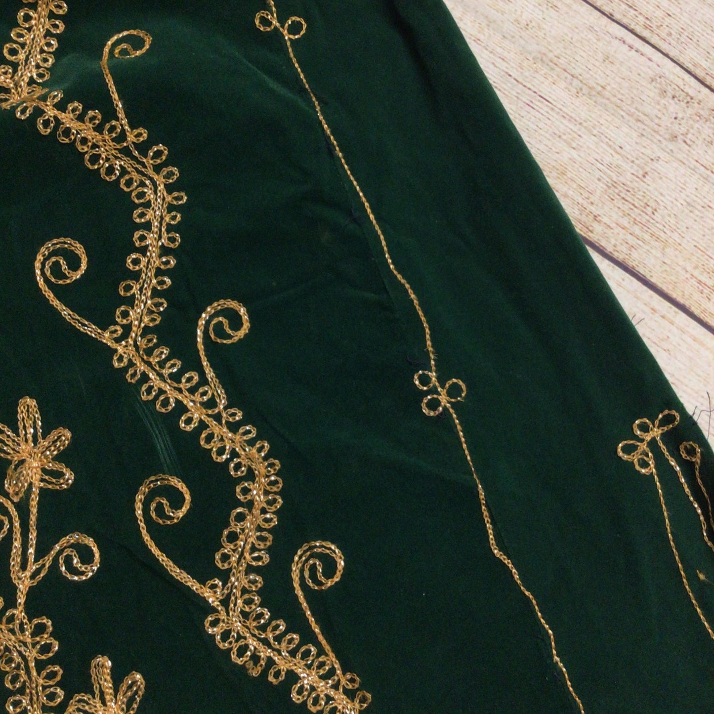 Green Velvet Full Length Indian Kaftan w/Gold Thread Embroidery Ch48" (approx.)