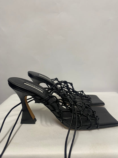 Topshop Black Leather Strappy Ankle Tie Sandal Heels 5