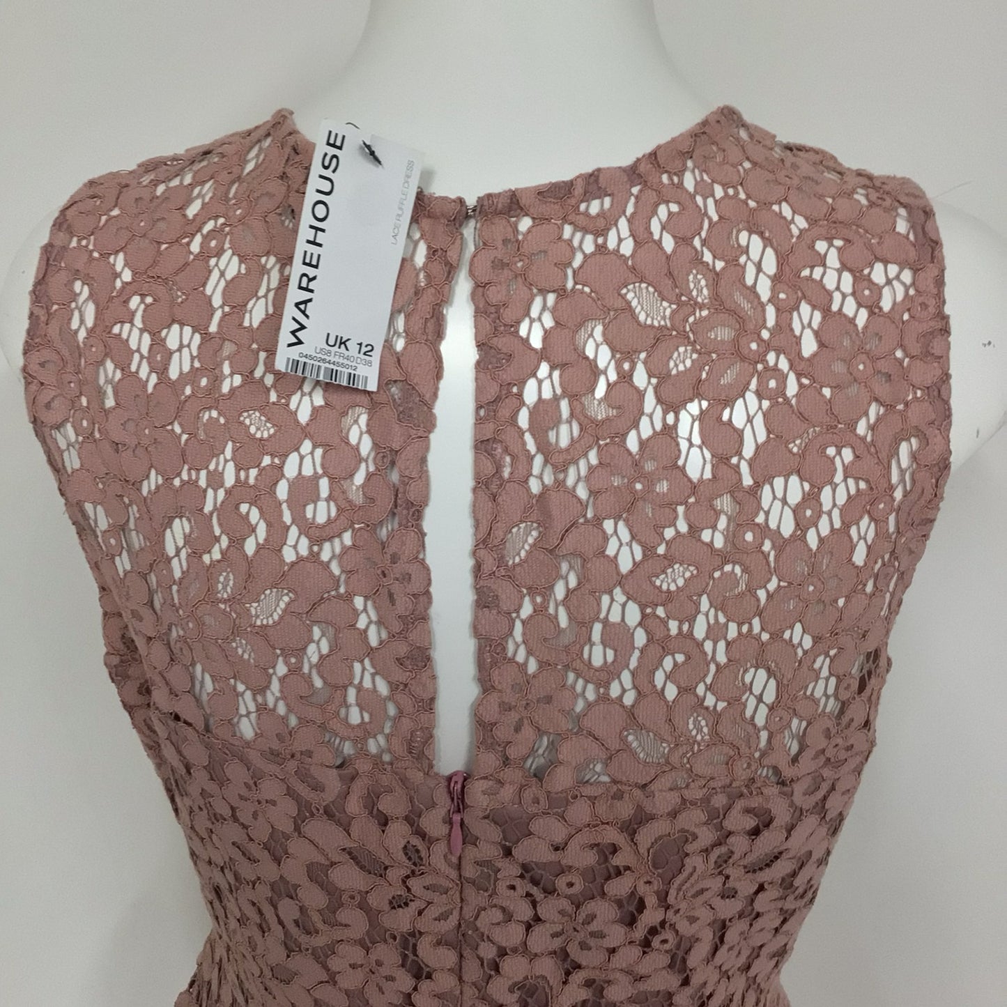 BNWT Warehouse Pink Lace Knee Length Lined Dress w/Ruffle Detail RRP £30 Size 12