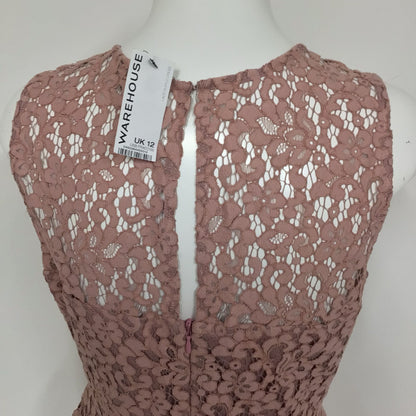 BNWT Warehouse Pink Lace Knee Length Lined Dress w/Ruffle Detail RRP £30 Size 12