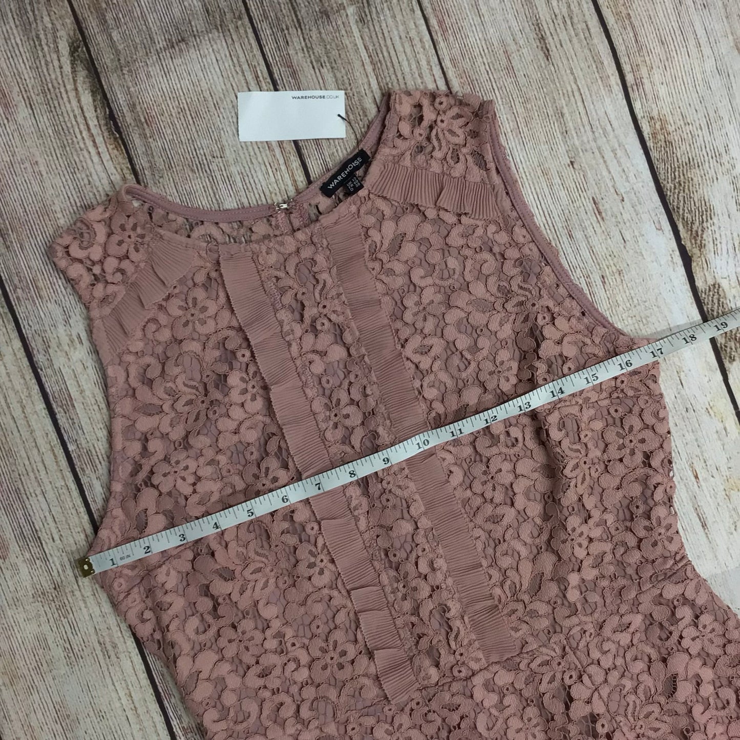 BNWT Warehouse Pink Lace Knee Length Lined Dress w/Ruffle Detail RRP £30 Size 12