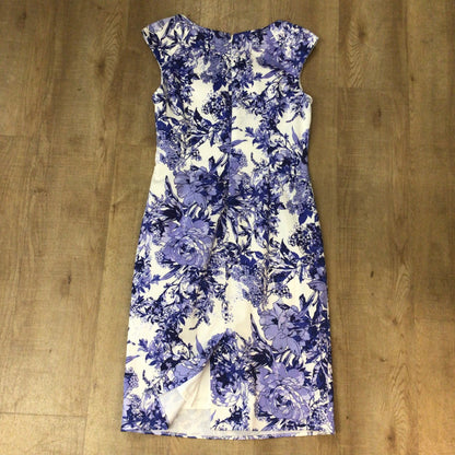 Adrianna Papell Blue & White Cotton Blend Floral Dress Size 14