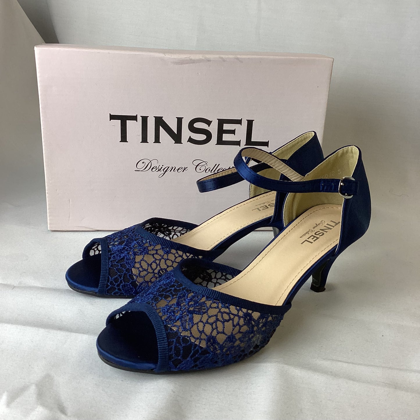 Tinsel Blue Lace Open Toe Heels Size 5