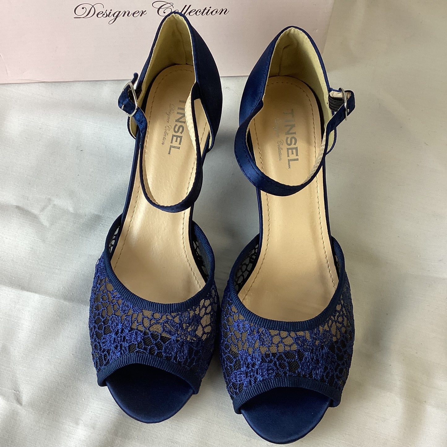 Tinsel Blue Lace Open Toe Heels Size 5