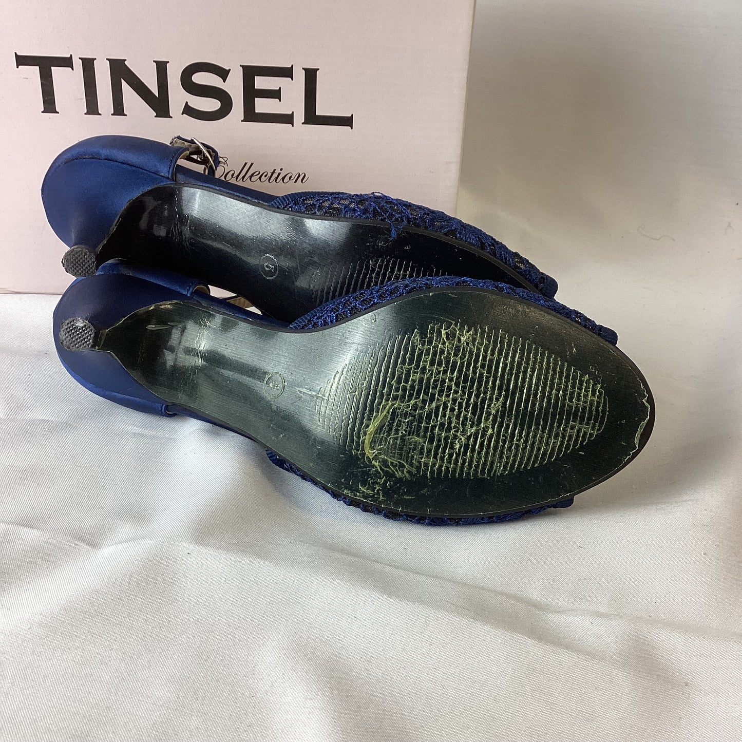 Tinsel Blue Lace Open Toe Heels Size 5