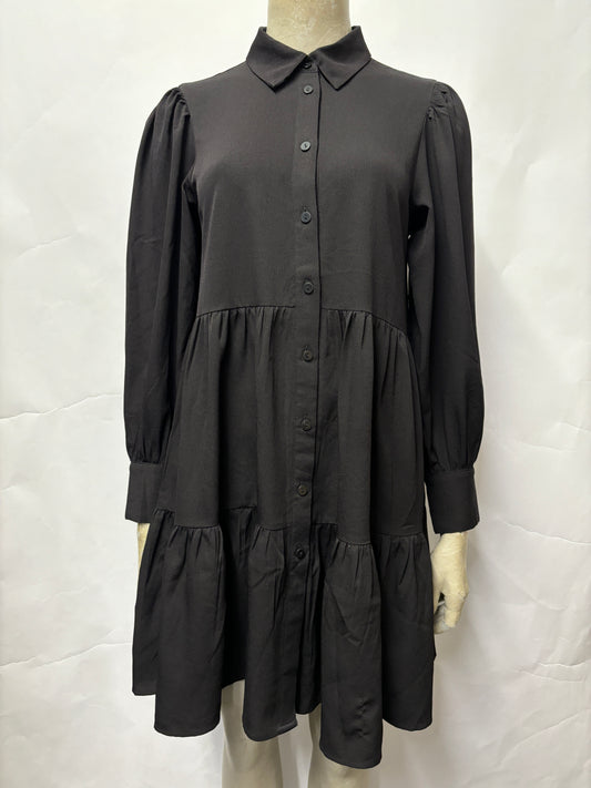 Monki Black Crepe Tiered Shirt Dress XS