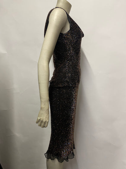 Rene Derby Vintage Black and Bronze Beaded Silk Skirt and Top Two-Piece Small