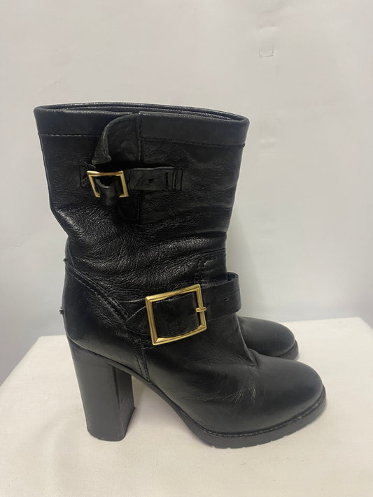 Jimmy Choo Black Leather Buckle Biker Boots 34.5