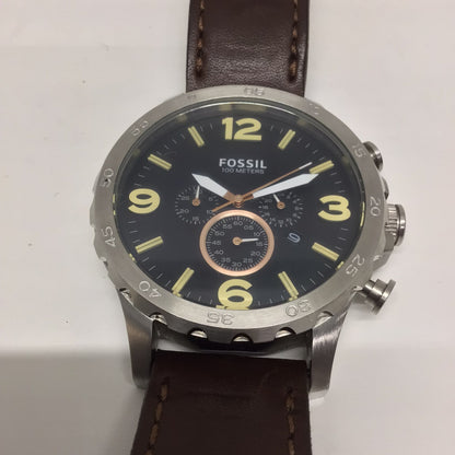 Fossil JR1475 251409 100m (10 ATM) Nate Chronograph Brown Leather Strap Watch