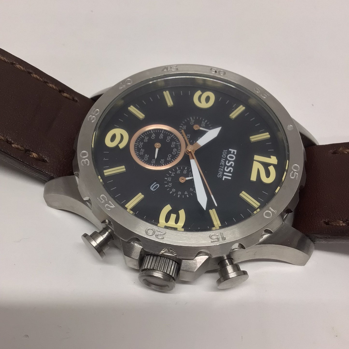 Fossil JR1475 251409 100m (10 ATM) Nate Chronograph Brown Leather Strap Watch