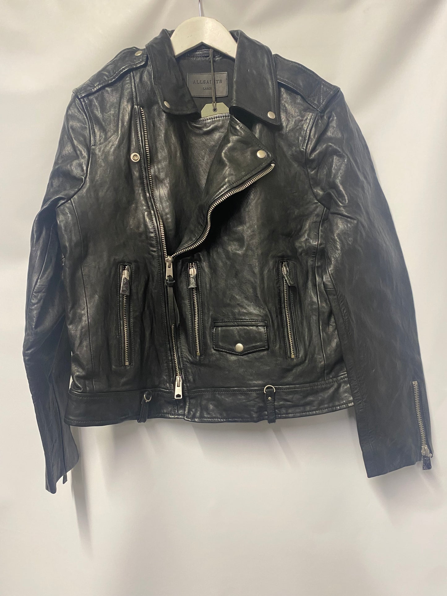 AllSaints Black Leather Sora Biker Jacket Large BNWT